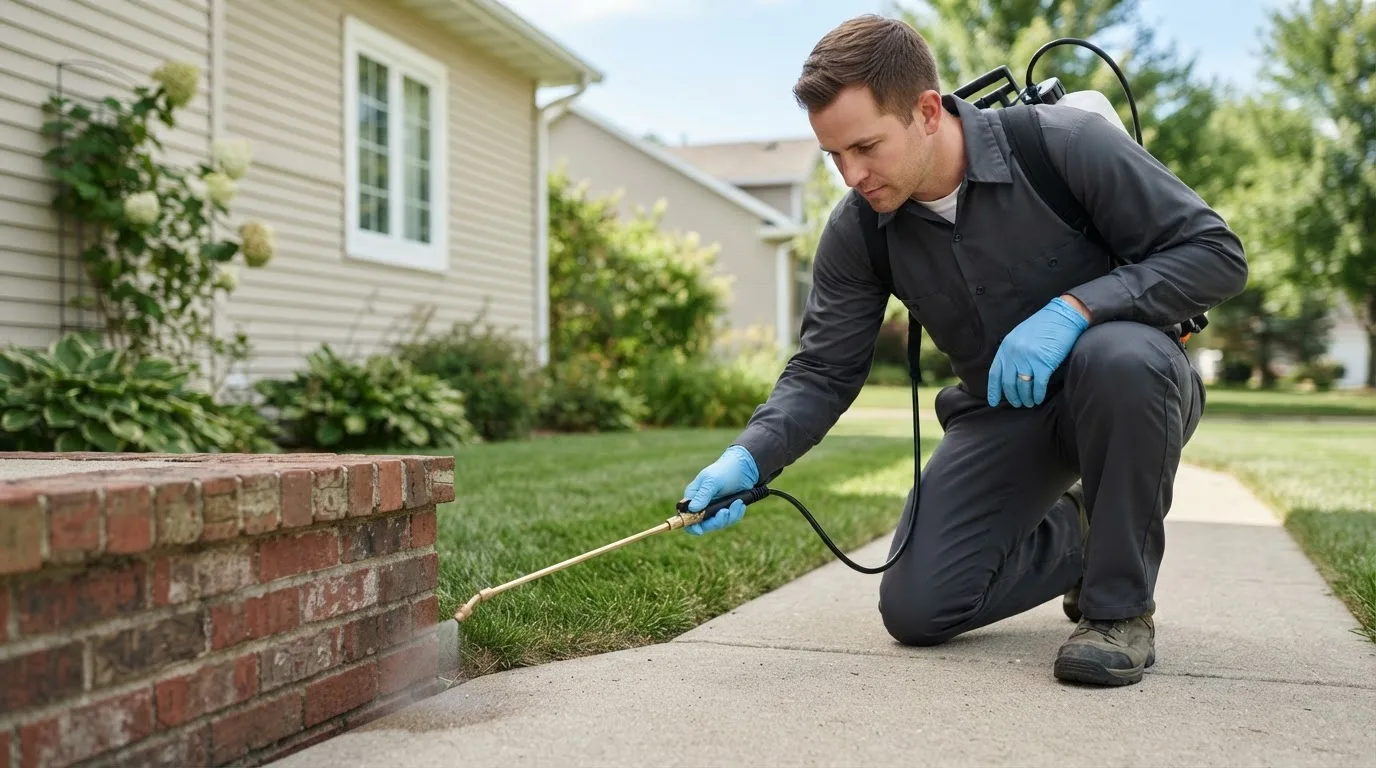 Pest control technician treating a home near Holladay, UT